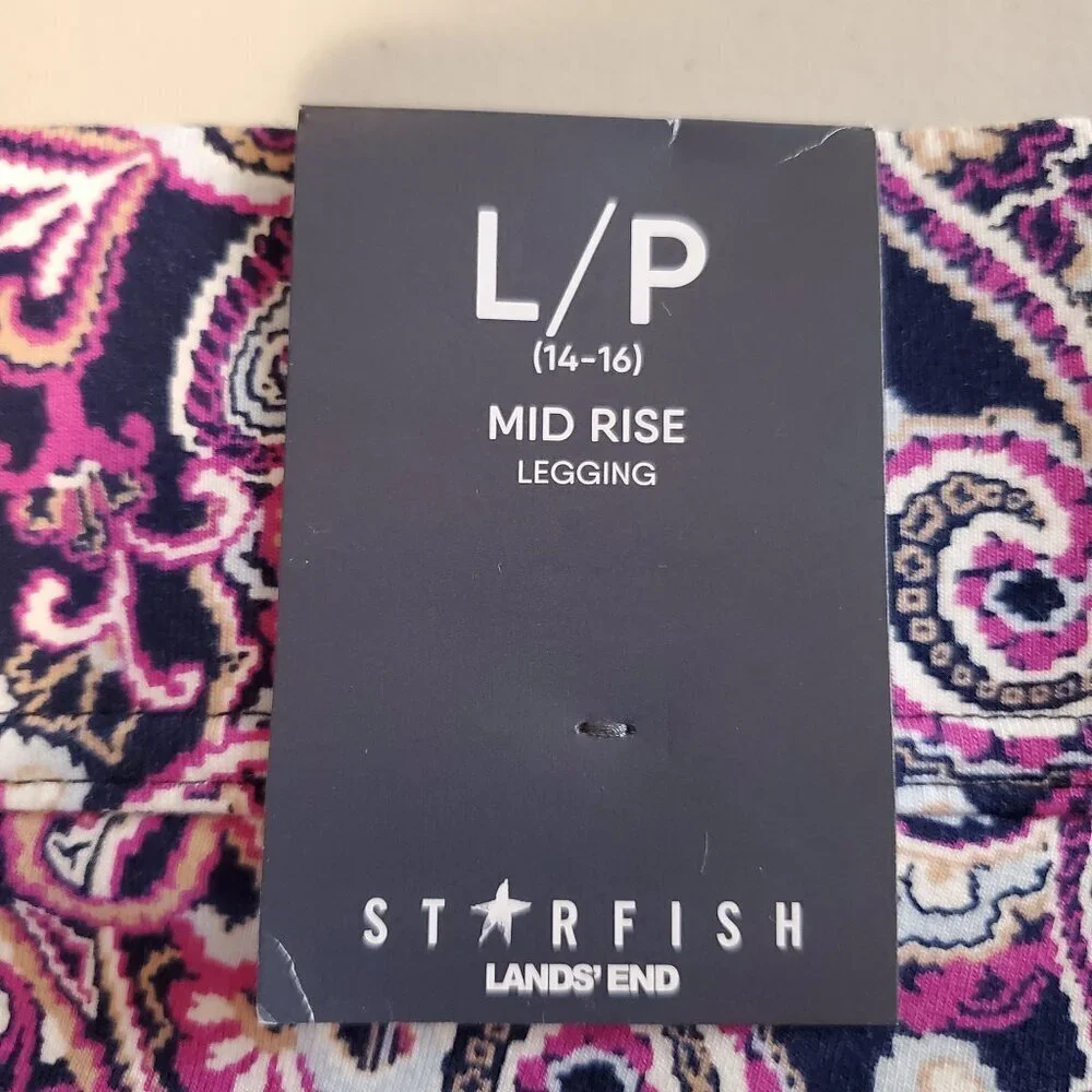 NEW LANDS' END SZ L Petite Starfish Mid Rise Paisley Legging Navy Blue Purple